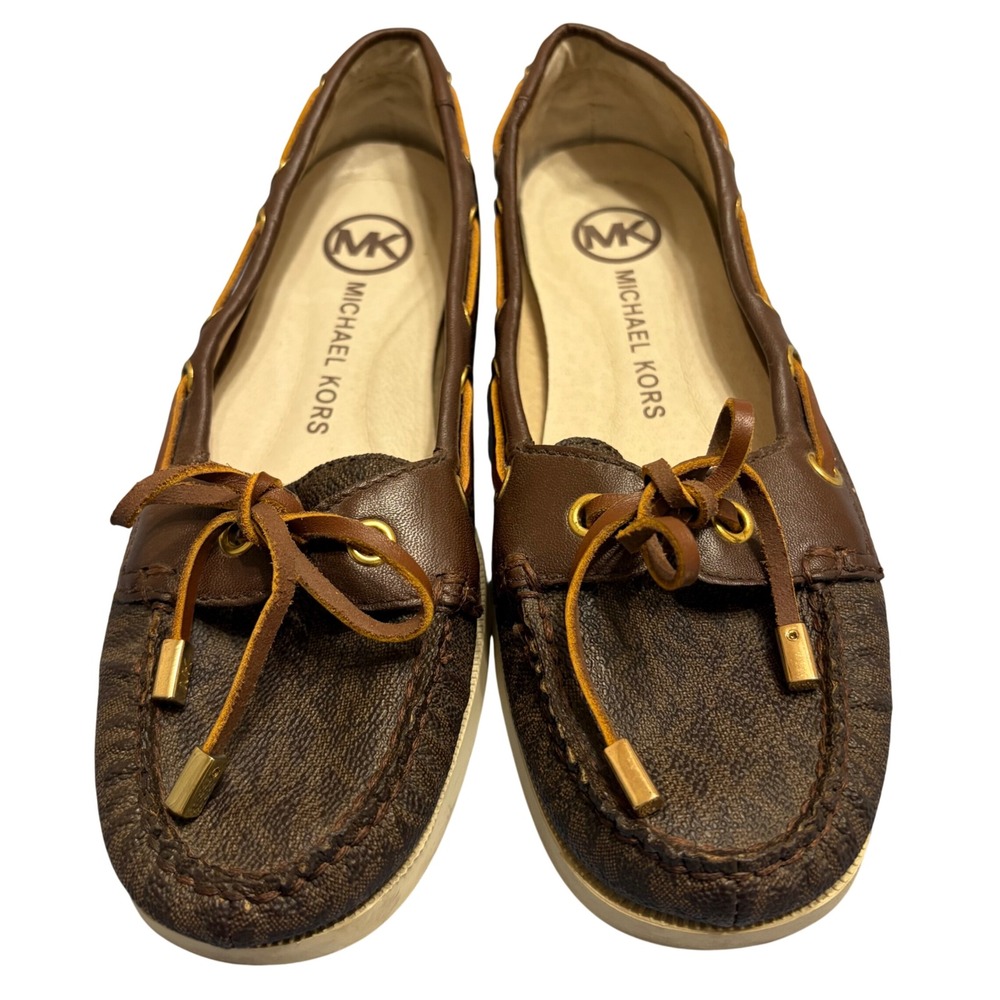 Michael Kors Brown Monogram Logo Boat Shoes Gold Hardware ME13J Womens 6.5 M